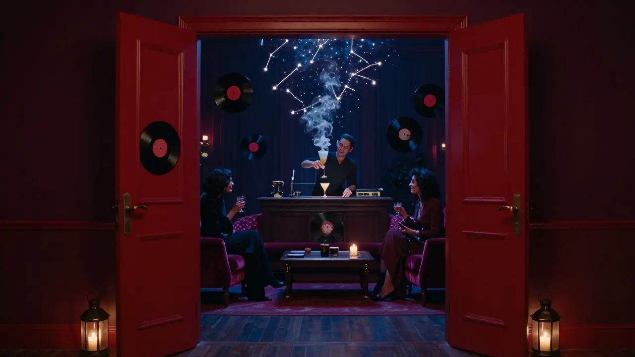 A red door opens to a magical room with floating vinyl records and glowing cocktails.