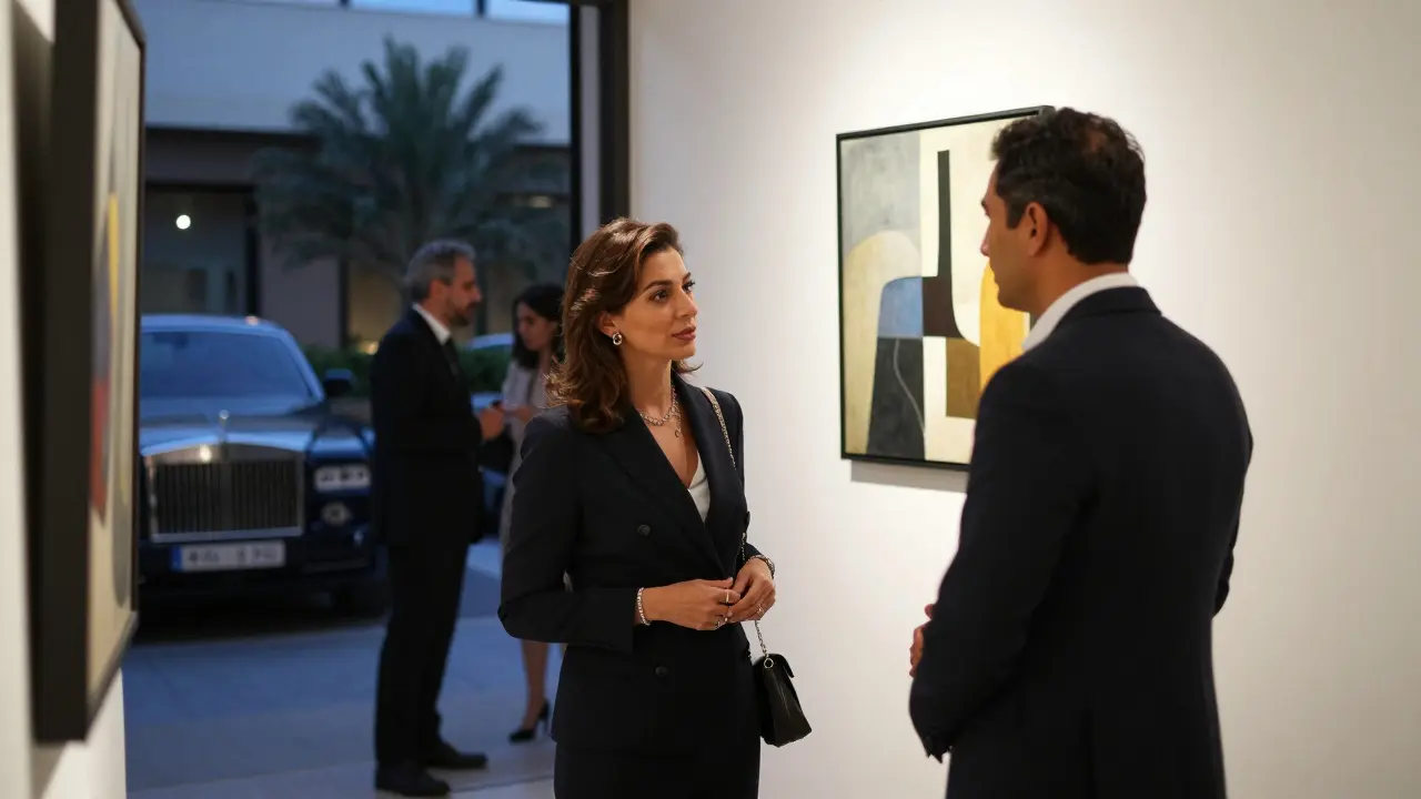 A refined conversation at an art gallery in Dubai, blending culture, elegance, and understated exclusivity.