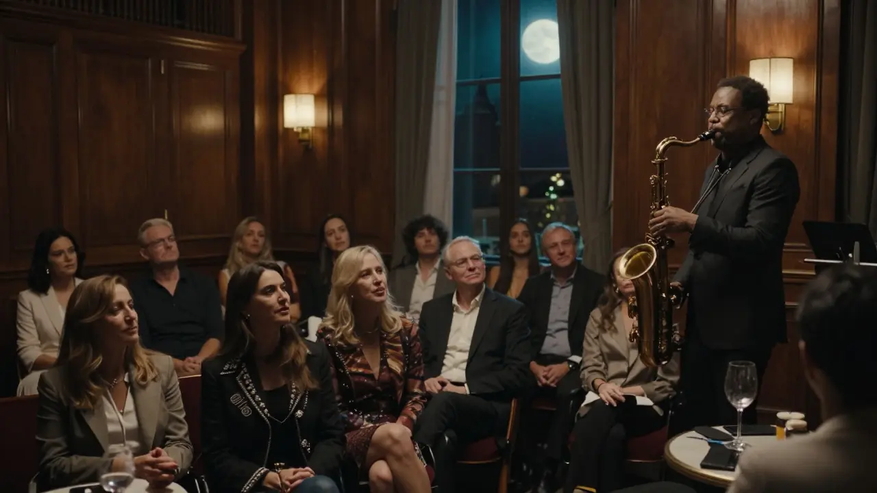 A saxophonist performing under a spotlight in the intimate Jazz Club de Monaco with listeners in quiet awe.