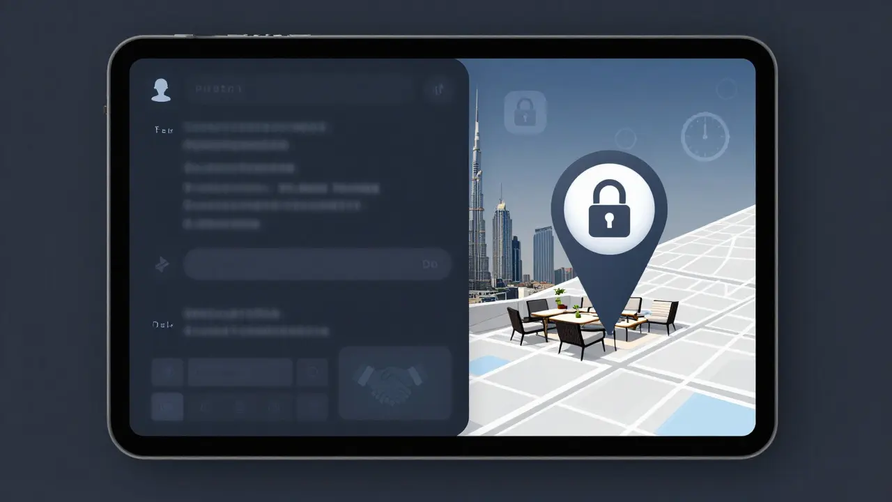 A secure digital interface showing encrypted communication and a private venue location, symbolizing discreet arrangements.