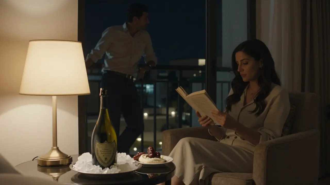 A serene hotel suite at night with champagne, dates, and a book — two people sharing calm companionship.