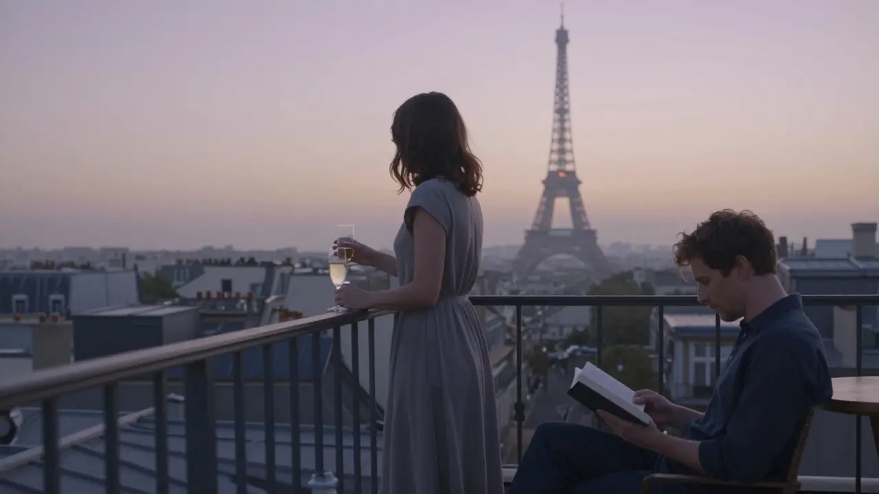 A serene rooftop at dawn, two people sharing quiet moments over the sleeping city.