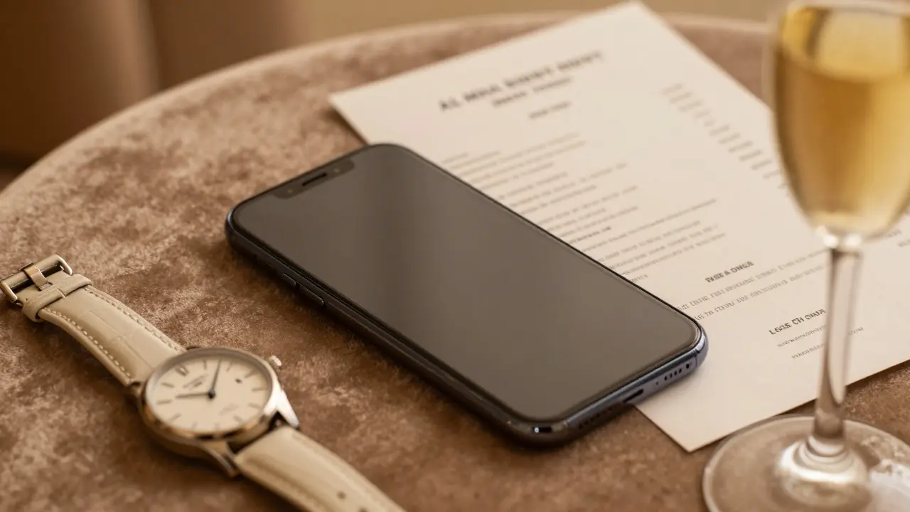 A smartphone beside an itinerary and champagne, symbolizing discreet, high-end planning in Dubai.