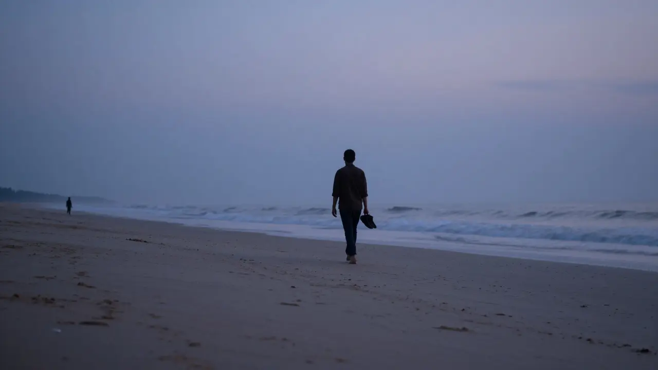 A solitary figure walking on a deserted beach at twilight, a distant shadow fading into the dunes.