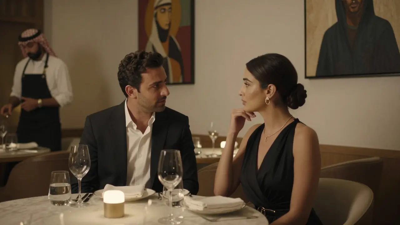 A sophisticated couple dining quietly at Zuma restaurant in Dubai, surrounded by subtle luxury and discreet service.