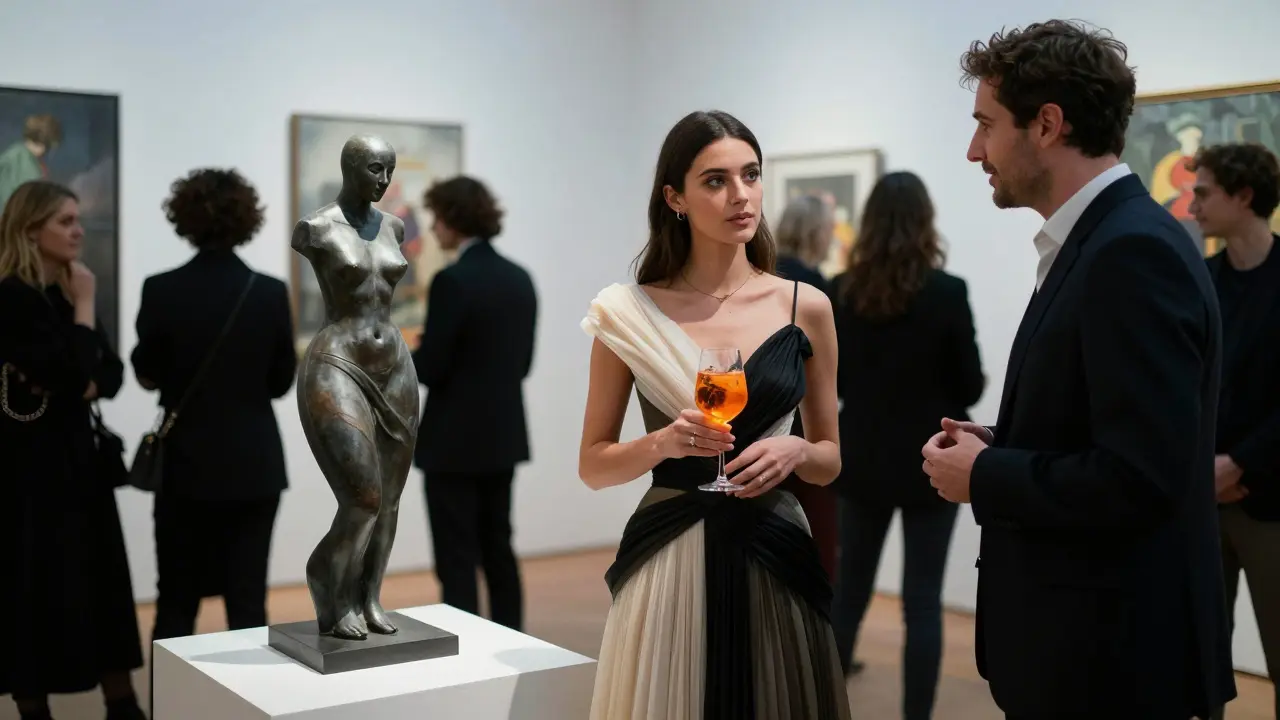A sophisticated woman at a private Milan gallery opening, holding a drink, surrounded by art lovers in formal attire.