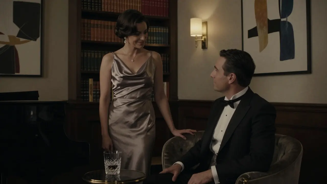 A sophisticated woman stands near a piano in a private London club, engaged in thoughtful conversation with a man in a tuxedo.