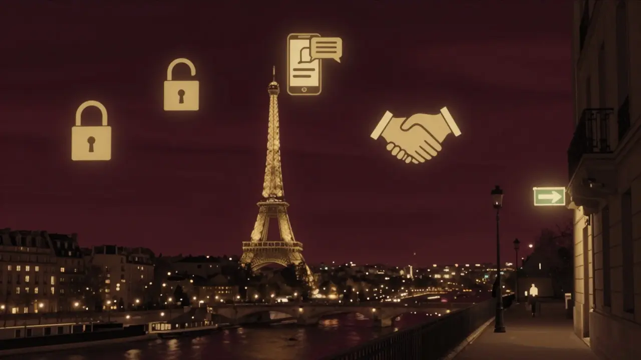 A stylized Paris night skyline with symbolic icons representing safety, privacy, and discreet connection.