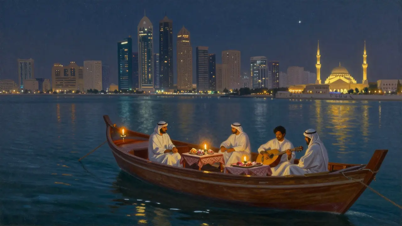 A traditional dhow boat floats along the water at night, lit by candles with the city skyline shimmering behind it.