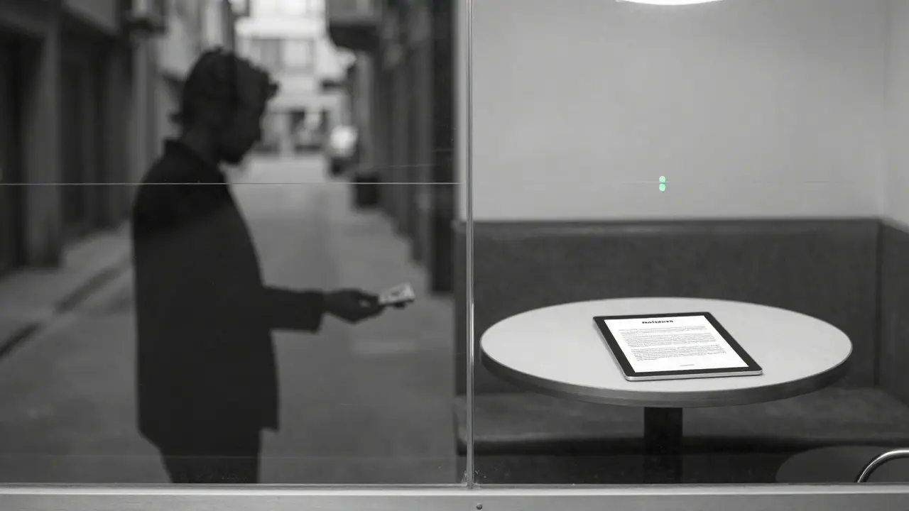 A transparent glass wall separates illegal underground activity from a safe, public meeting with a signed digital agreement, symbolizing legal boundaries.