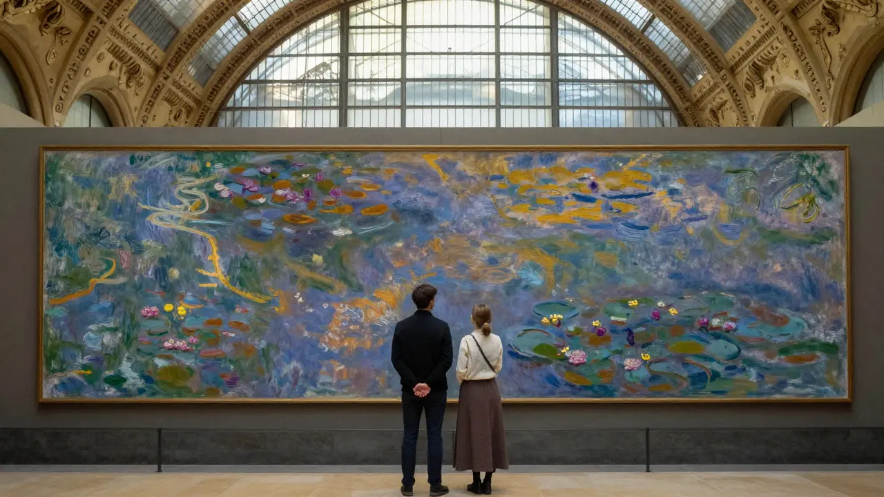 A visitor and companion standing before a Monet painting in the empty Musée d’Orsay, bathed in golden light.