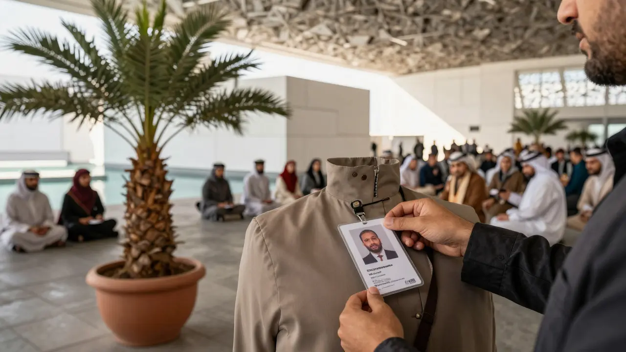 A volunteer wears a badge near the Louvre Abu Dhabi, attending a cultural event with soft sunlight and palm trees.