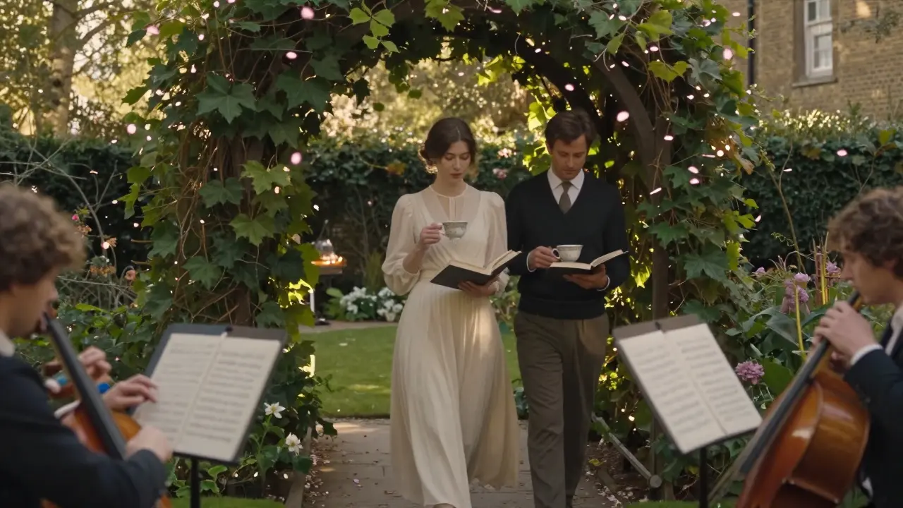 A woman in a flowing dress walks through a sunlit London garden party, sharing tea and books with a companion.