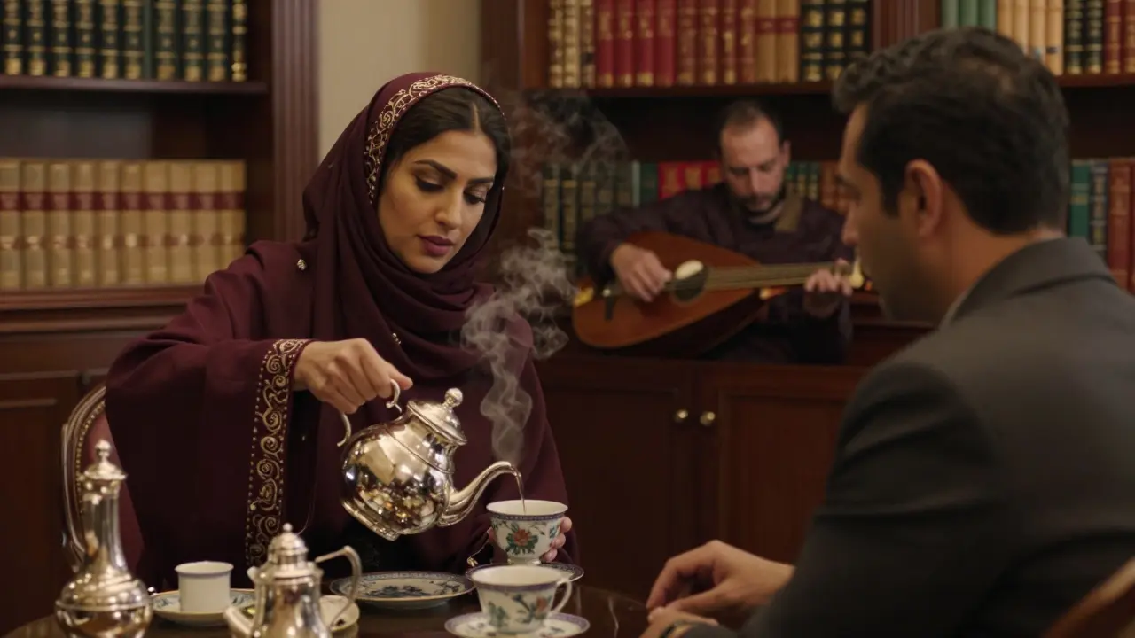A woman pouring tea in a luxurious lounge, listening intently to a man across from her.