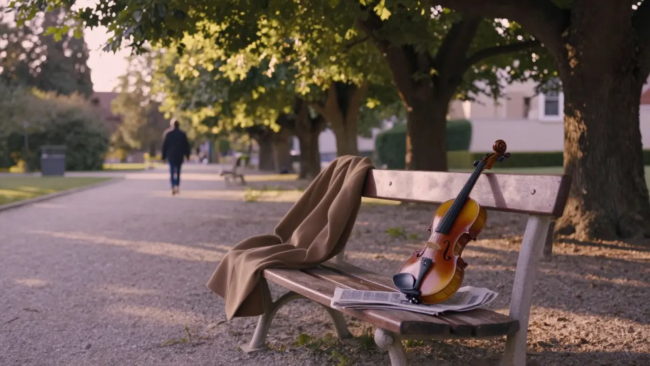 An empty bench in Giardini Pubblici with a coat and violin, bathed in golden hour light under ancient trees.