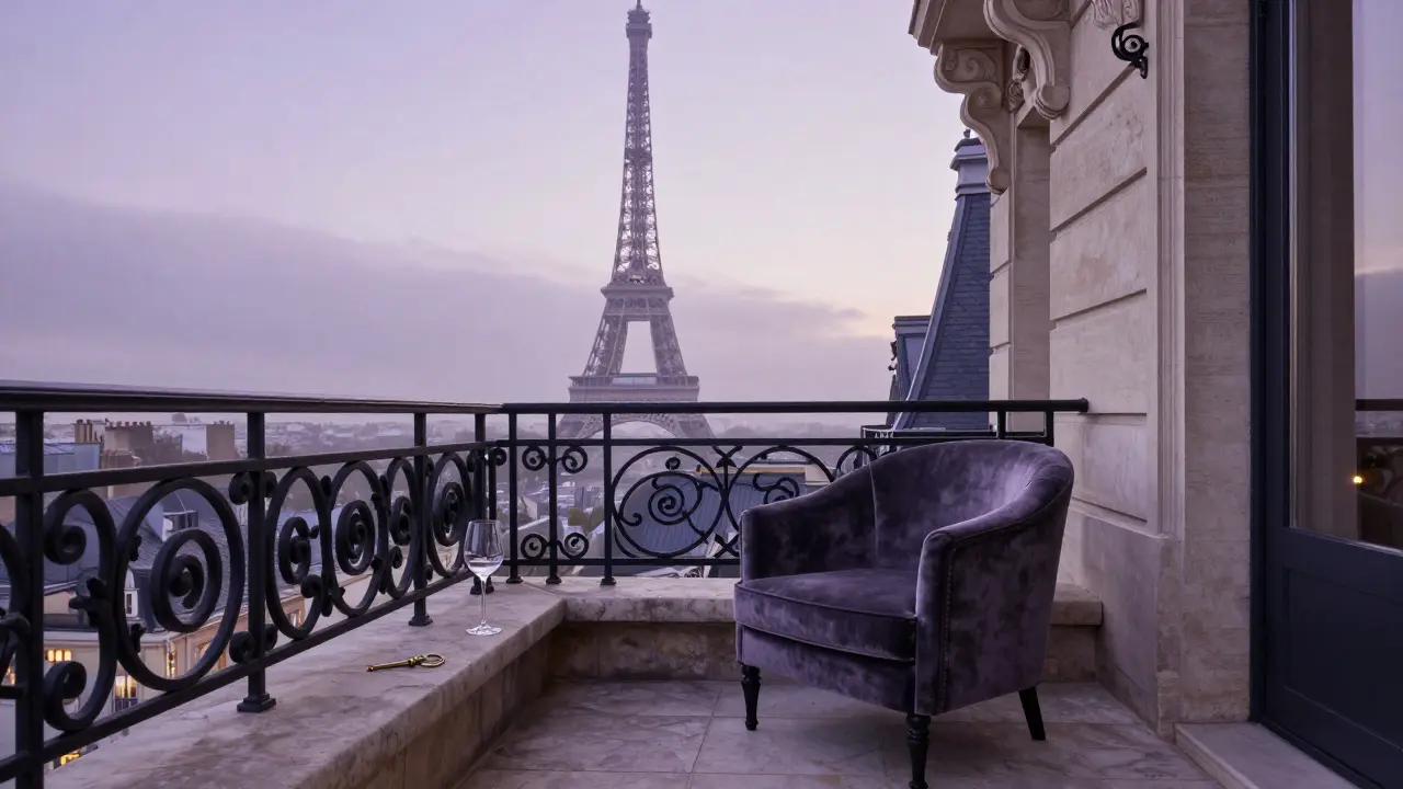 An empty rooftop terrace at dawn overlooking the Eiffel Tower, with a wine glass and key on marble, conveying exclusivity and seclusion.