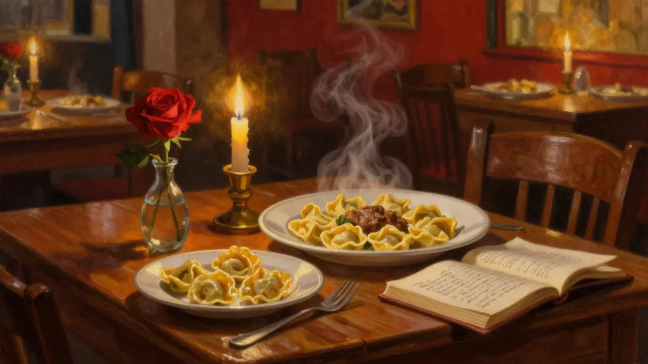 Candlelit dinner in a cozy Milanese trattoria with steaming pasta, a rose, and an open book on the wooden table.