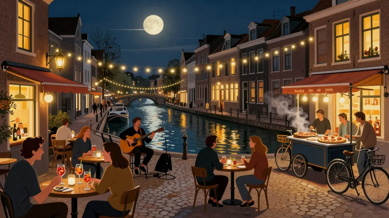 Cobblestone streets of Navigli lit by string lights, locals enjoying drinks and live music by the canal.