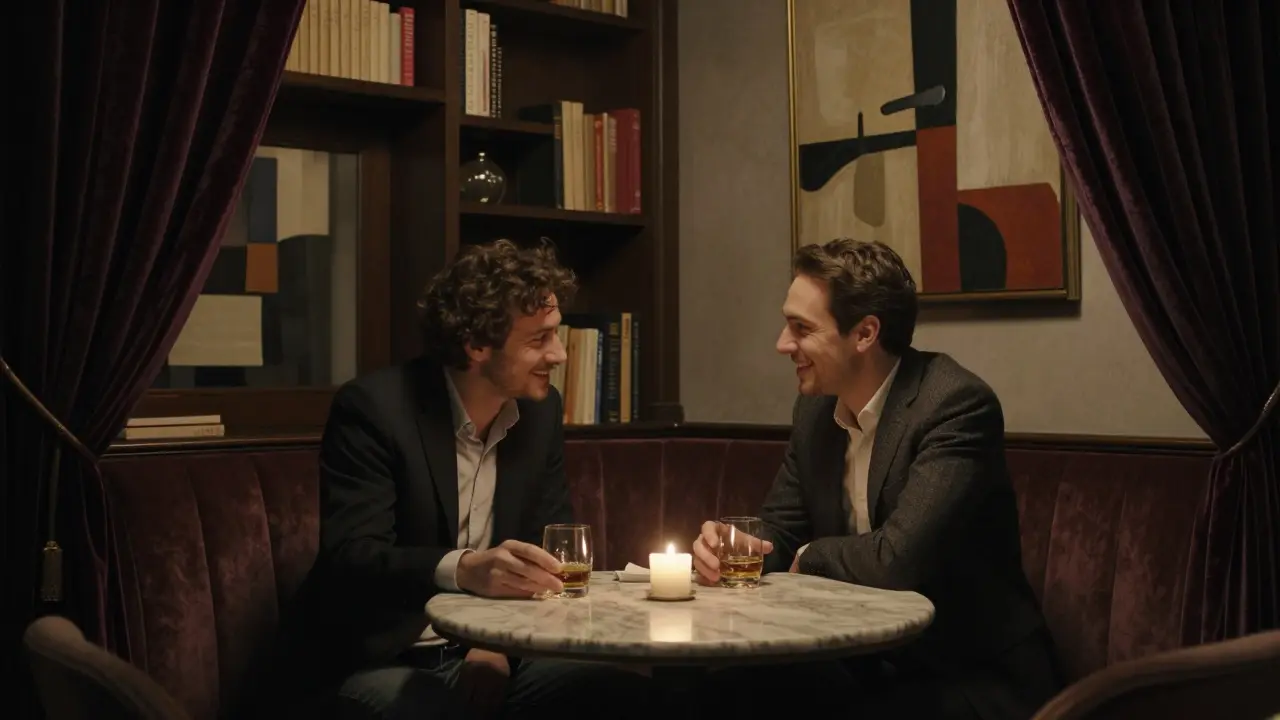 Couples in elegant attire sharing quiet conversation over whiskey in a candlelit Brera lounge.