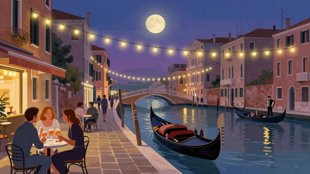 Couples sipping cocktails under string lights beside Milan's Navigli canal at night.