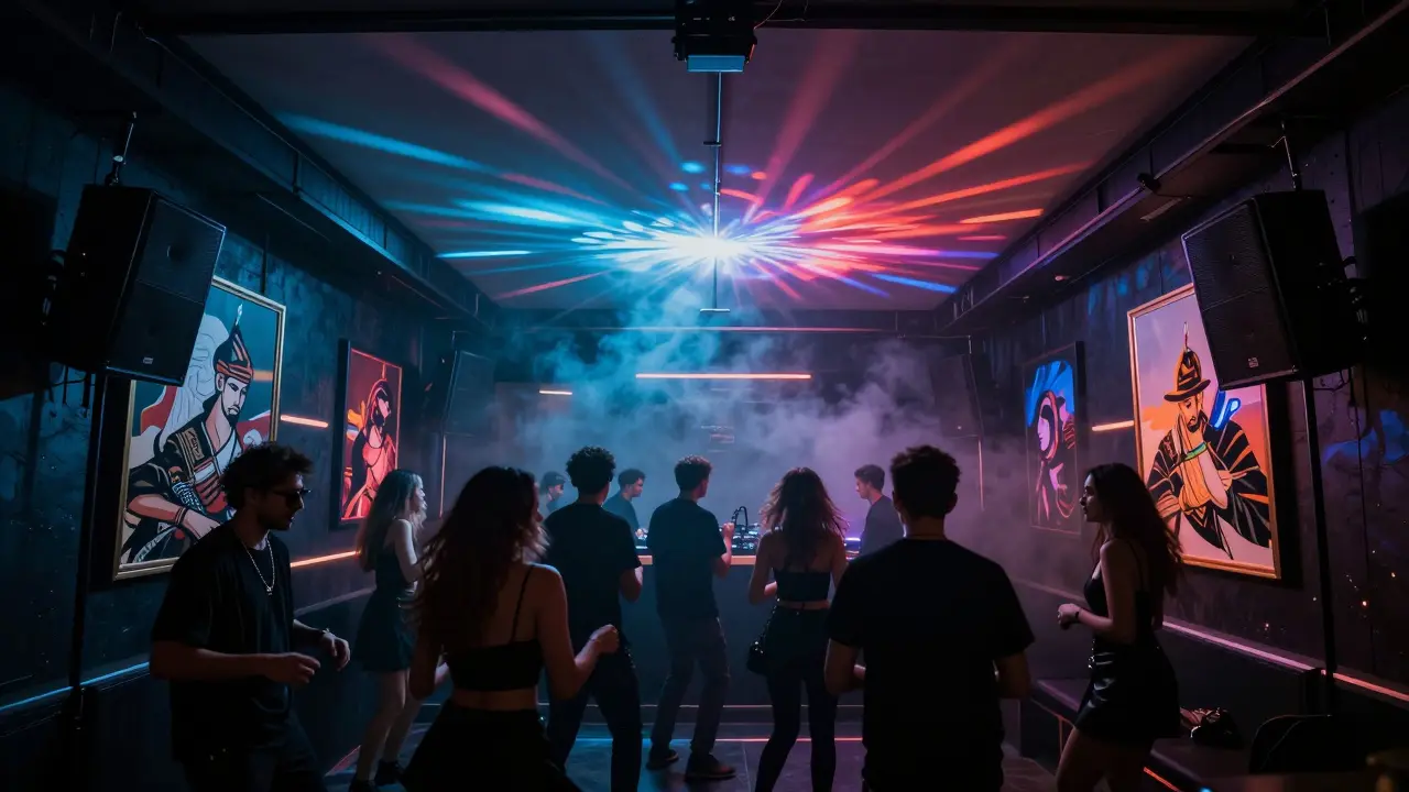 Crowd dancing in an underground nightclub with color-shifting ceiling and pulsing techno lights.