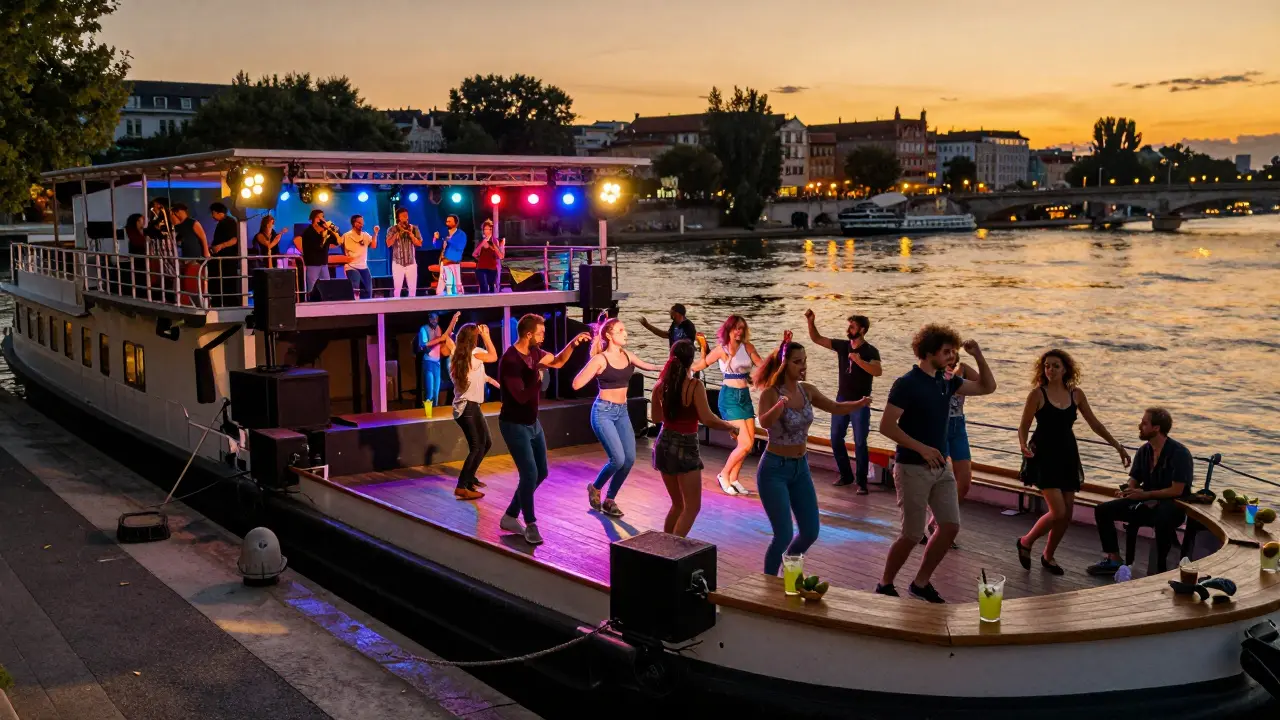 Dancers spinning on a river barge under night sky with live band and mojitos on wooden counters.