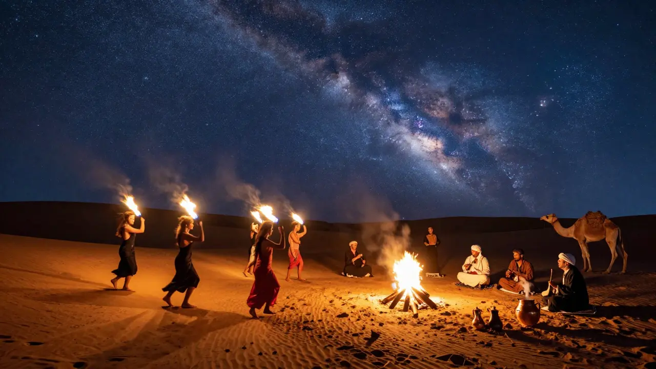 Desert party under the stars at Liwa Dunes with fire dancers, bonfire, and guests dancing on sand.