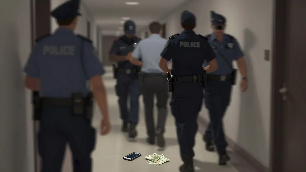 Dimly lit hotel corridor with police officers escorting individuals away, cash and phone on floor, conveying legal consequences of illegal companionship.