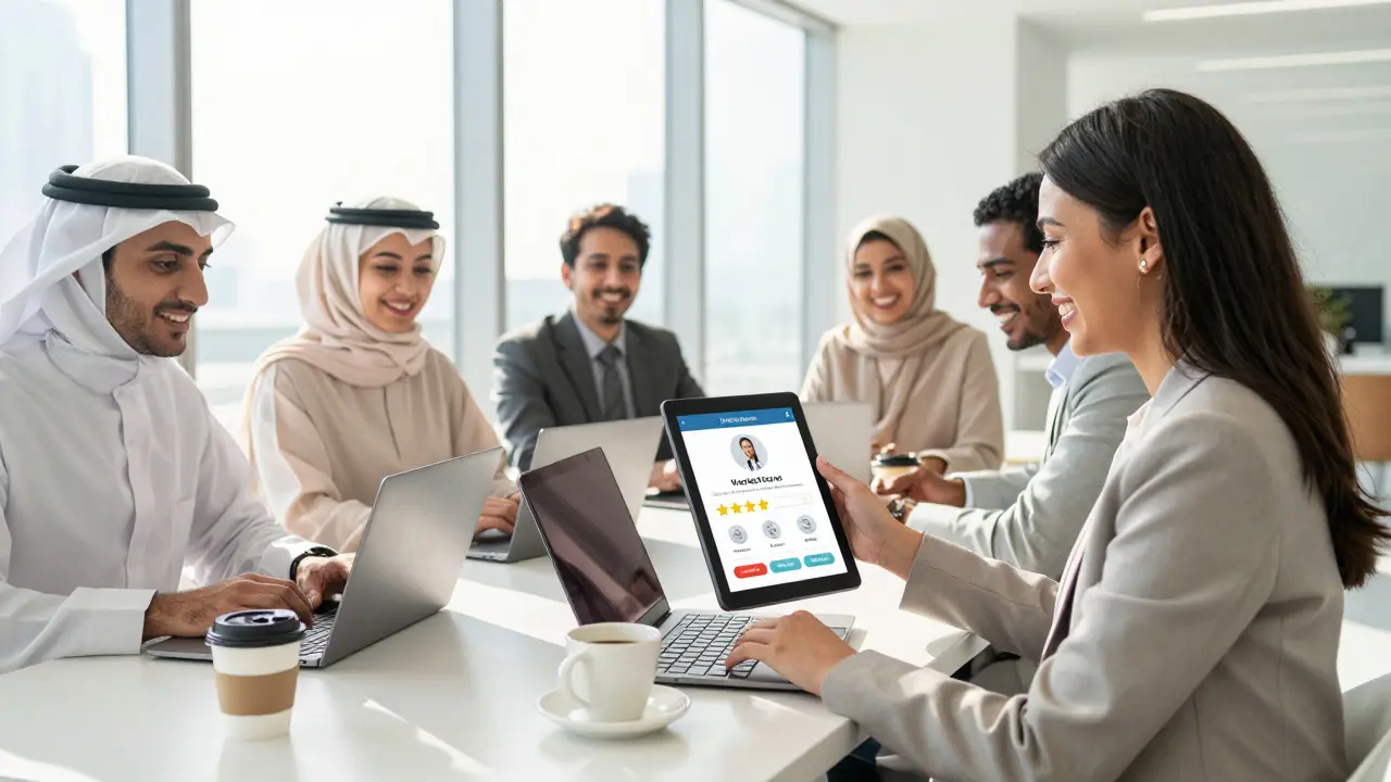 Diverse professionals in a bright co-working space, one reviewing a verified escort service profile on a tablet with star ratings and ID verification.