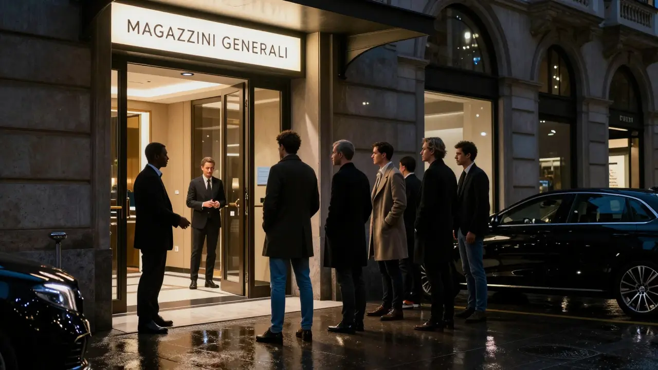 Elegantly dressed guests waiting to enter a high-end Milan nightclub at midnight.