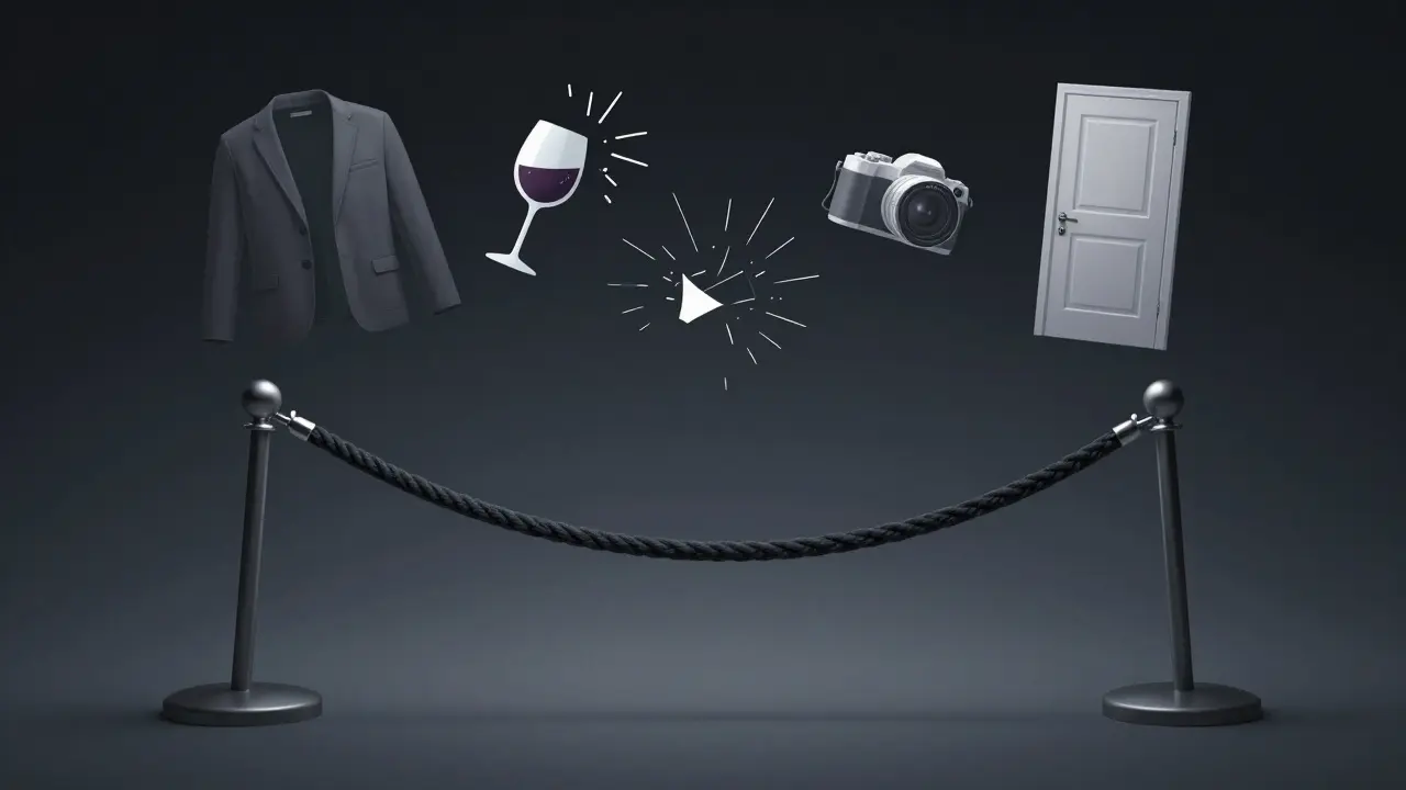 Floating symbols of exclusivity—jacket, shattered bottle, silenced camera—hover around an empty velvet rope.