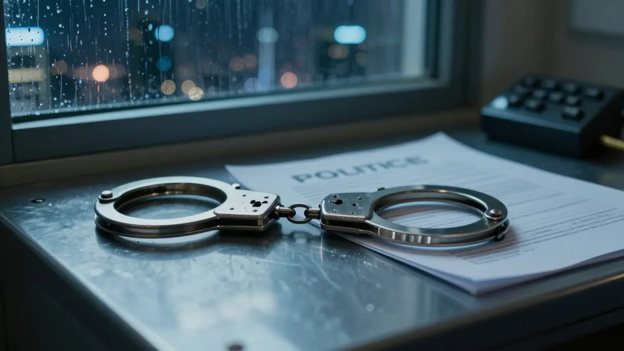 Handcuffs on police desk with city skyline through rainy window