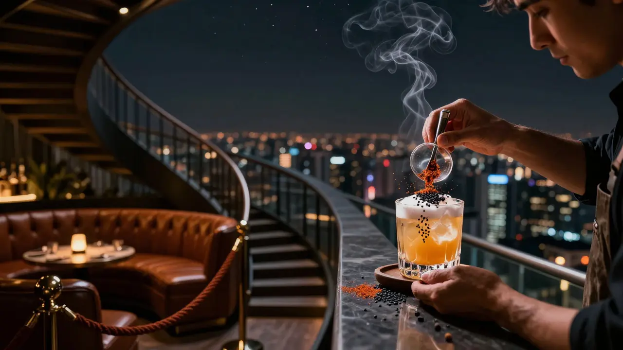 Hidden rooftop bar with dim lighting and mysterious drink being crafted, city skyline blurred below.