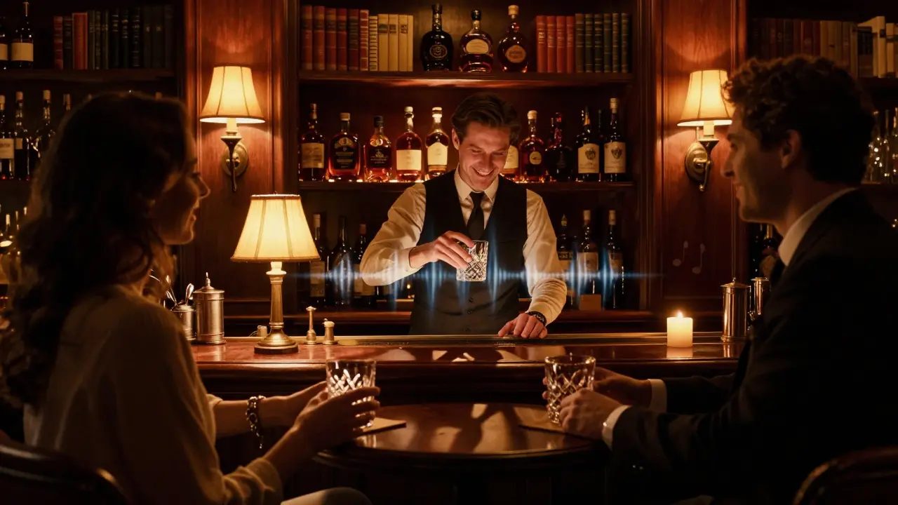 Hidden speakeasy with warm lighting, whiskey bottles, and guests enjoying quiet conversation.