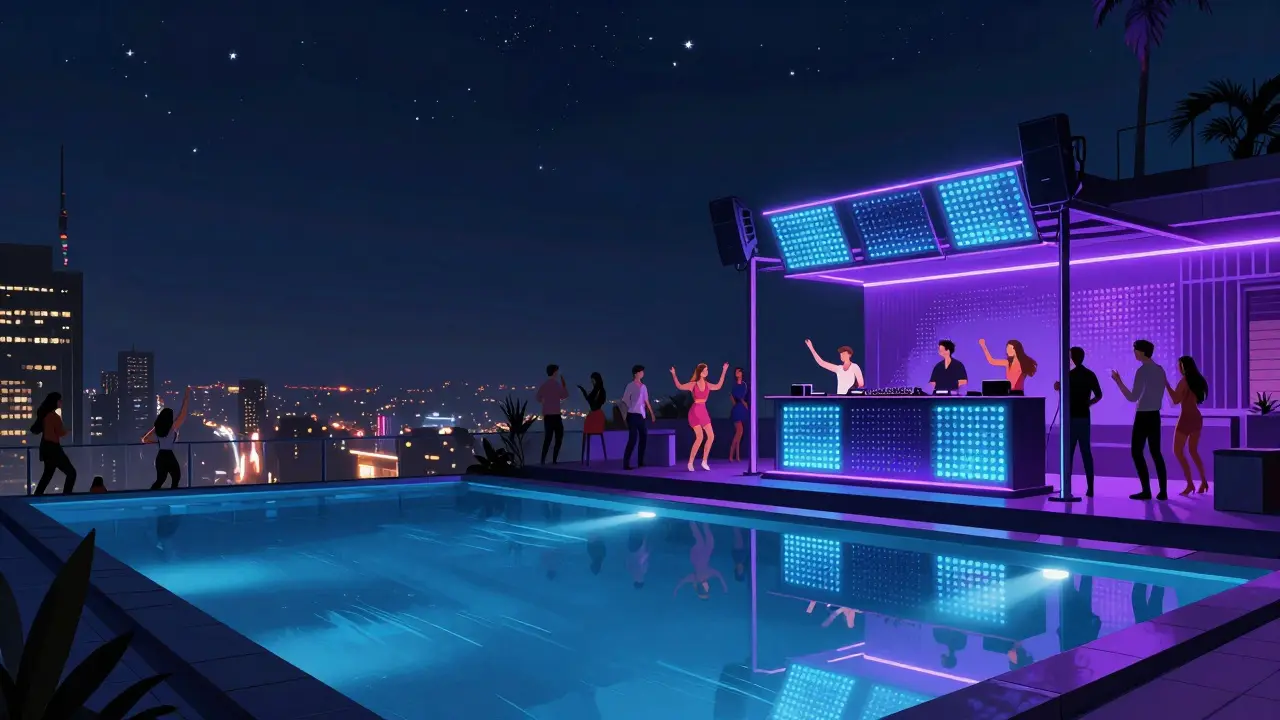 Infinity pool DJ event with vibrant crowd under city lights.