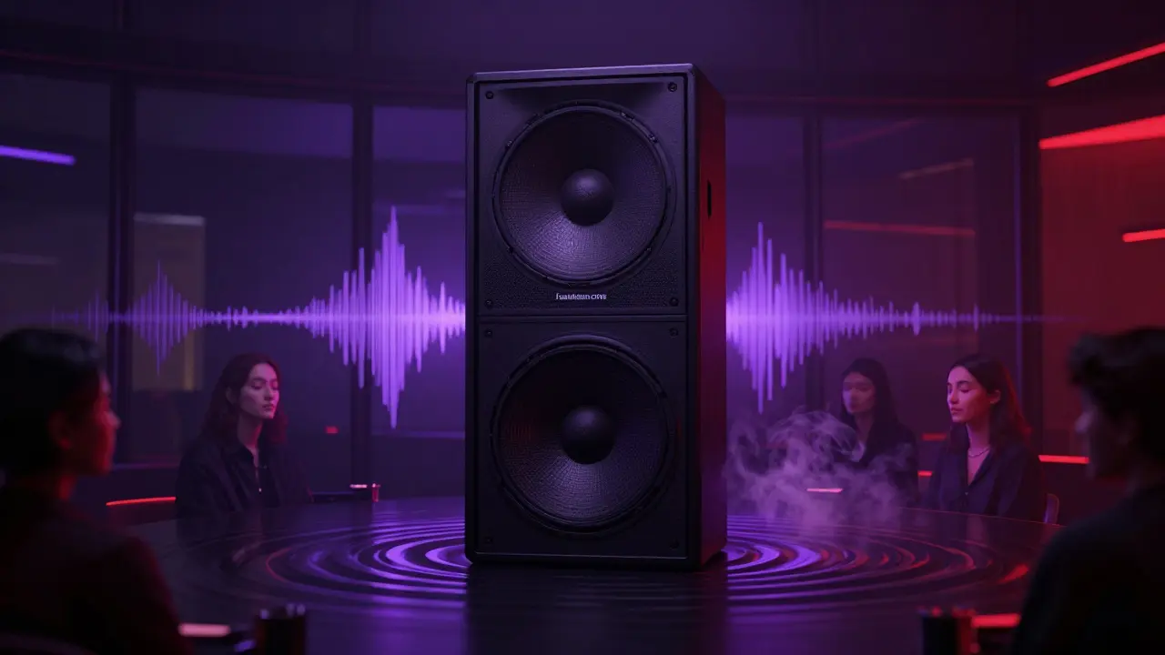 Intimate underground club scene with sound waves visible in smoke, patrons lost in music.