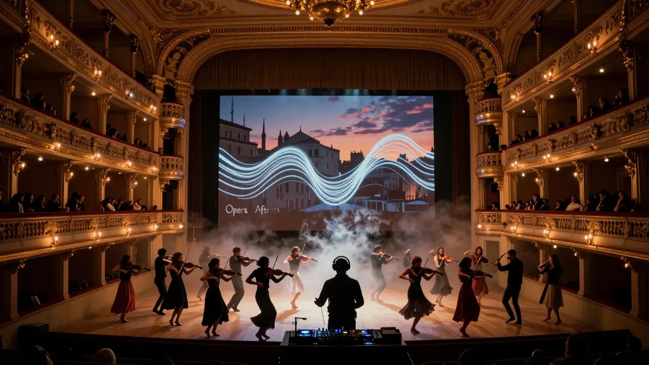 People dancing barefoot on the stage of La Scala opera house under candlelight and projected music waves.