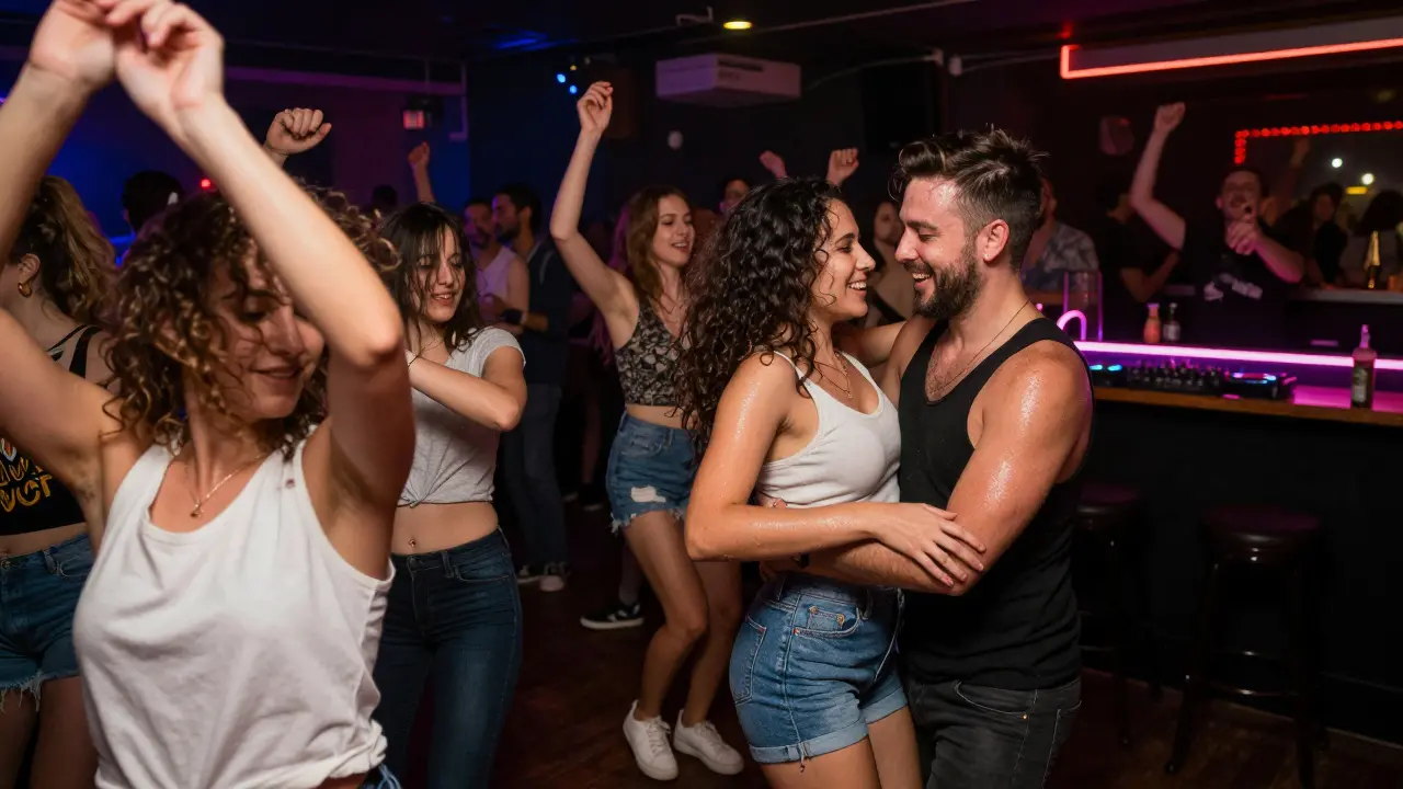 People dancing joyfully under glittering lights in a crowded queer nightclub backroom.