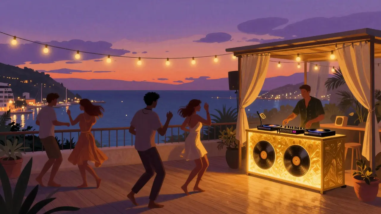 People dancing on Pacha Monaco's terrace under string lights with the harbor and twilight sky behind them.