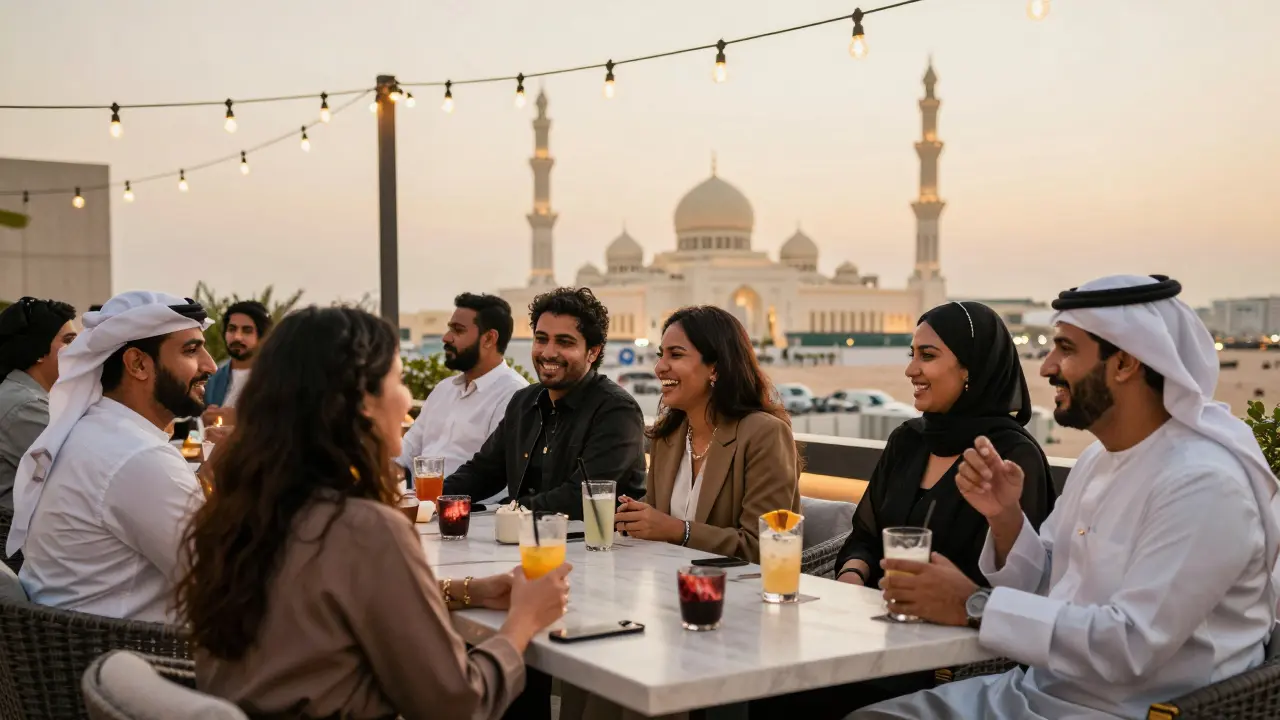 People socialize at a rooftop lounge in Abu Dhabi, enjoying the city view with modest attire and warm lighting.