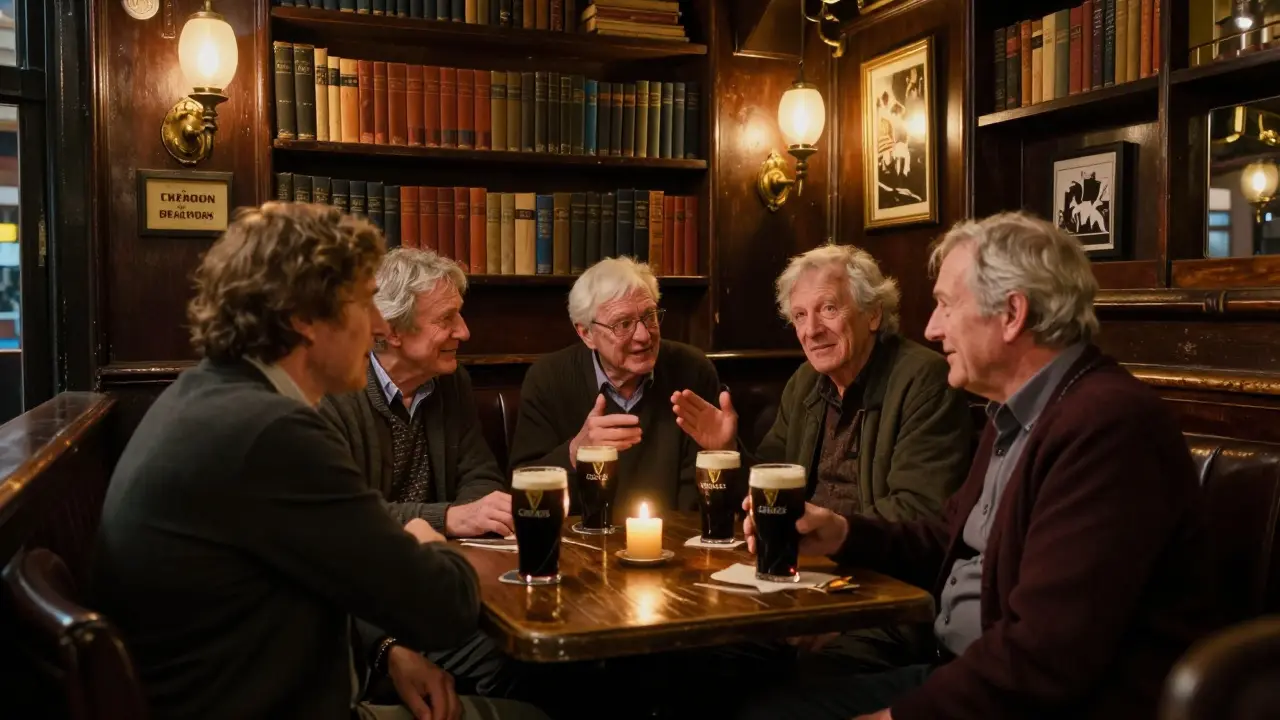 Regulars chatting over pints in a cozy, smoky Soho pub with vintage decor and soft candlelight.