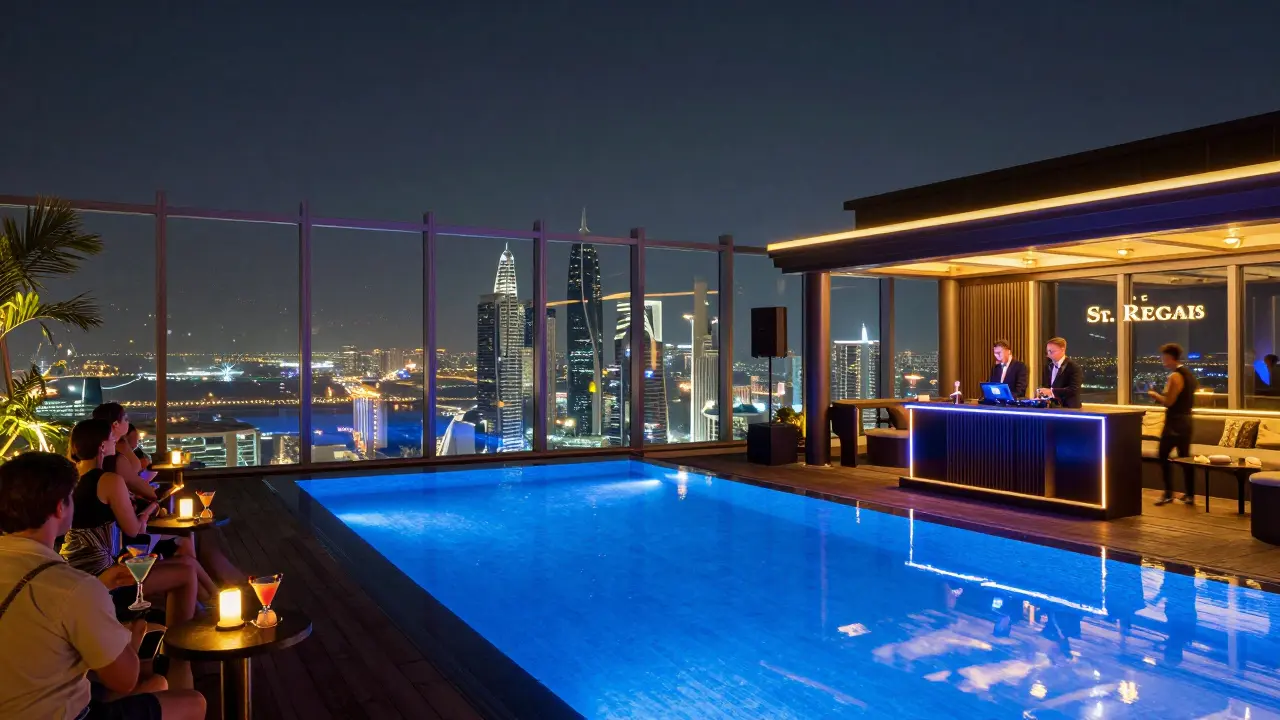 Rooftop nightclub at Hakkasan with glowing pool and skyline views, patrons enjoying cocktails in the night air.