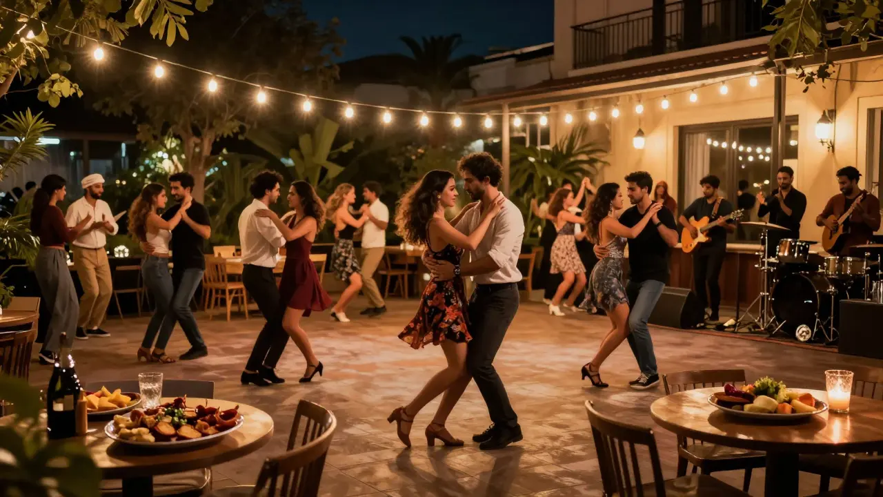 Salsa dancers at Soho Garden with live band and string lights.