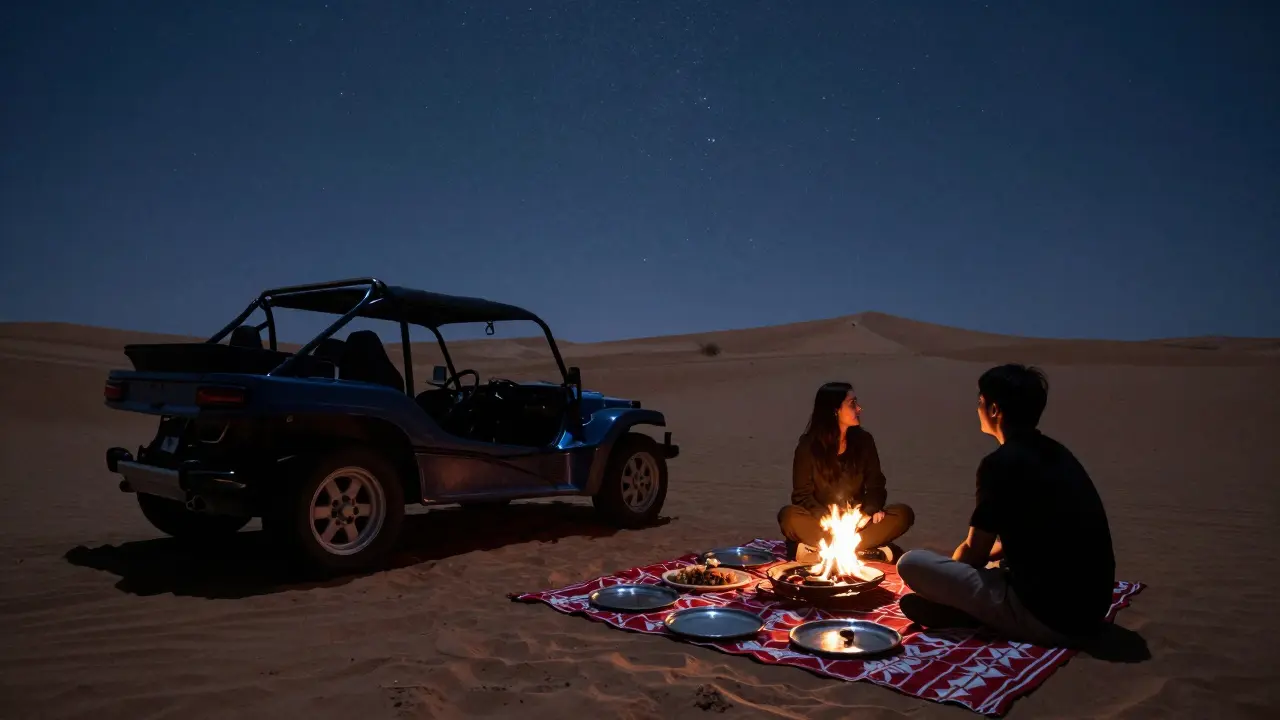 Silhouettes of two people sharing a quiet moment at a private desert picnic under a starry sky in Dubai.
