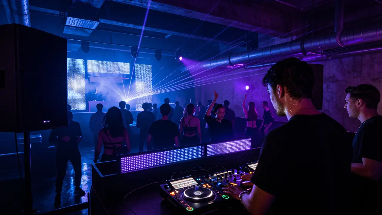 Techno DJ performance inside Fabric nightclub with lasers and dancing crowd.