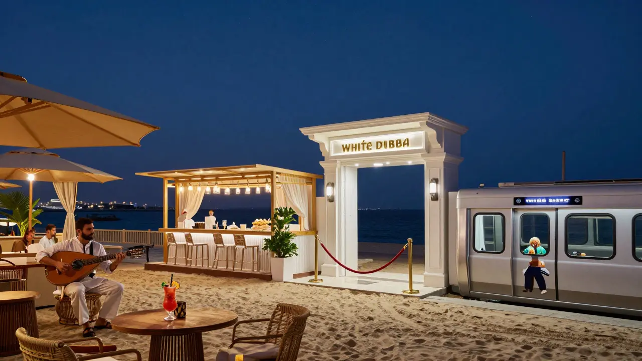 Timeline of a perfect Dubai night out: lounge, beach bar, nightclub, and metro ride home under stars.