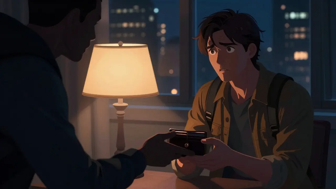 Tourist hesitant as suspicious figure offers money exchange in hotel room.