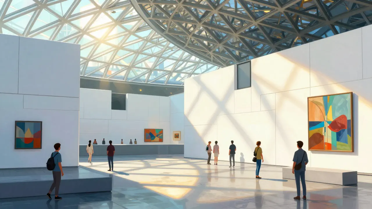 Tourists exploring Louvre Abu Dhabi's glass dome under sunlight