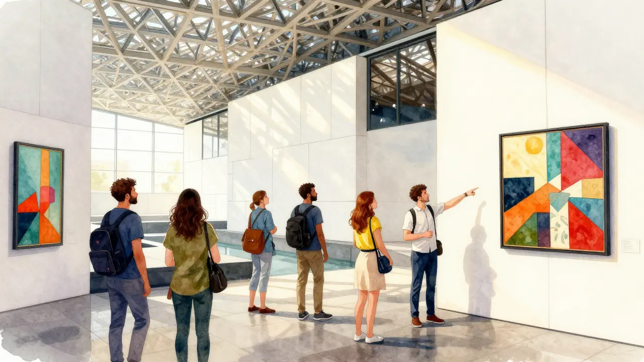 Tourists exploring Louvre Abu Dhabi with official guide during daylight.