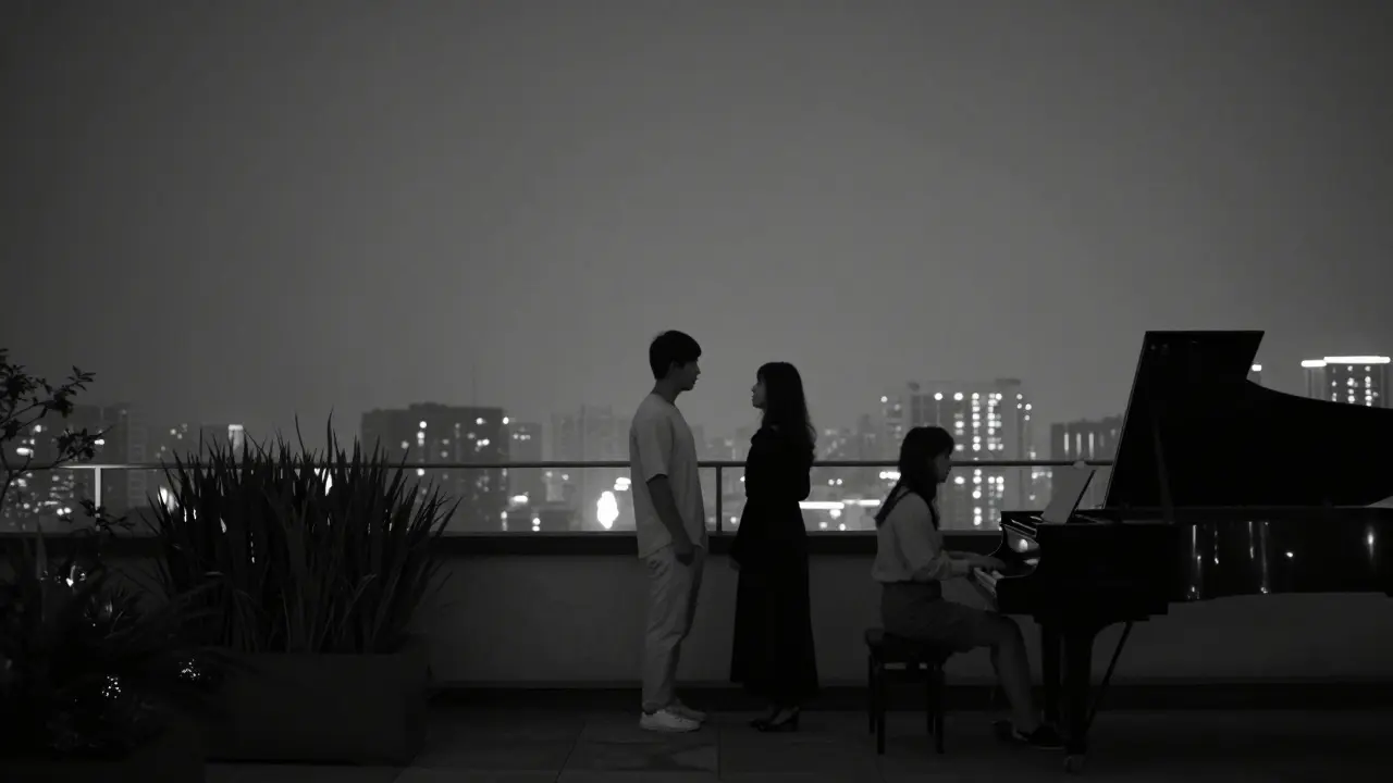 Two figures silhouetted on a rooftop at midnight, enjoying quiet stillness under the Abu Dhabi city lights.